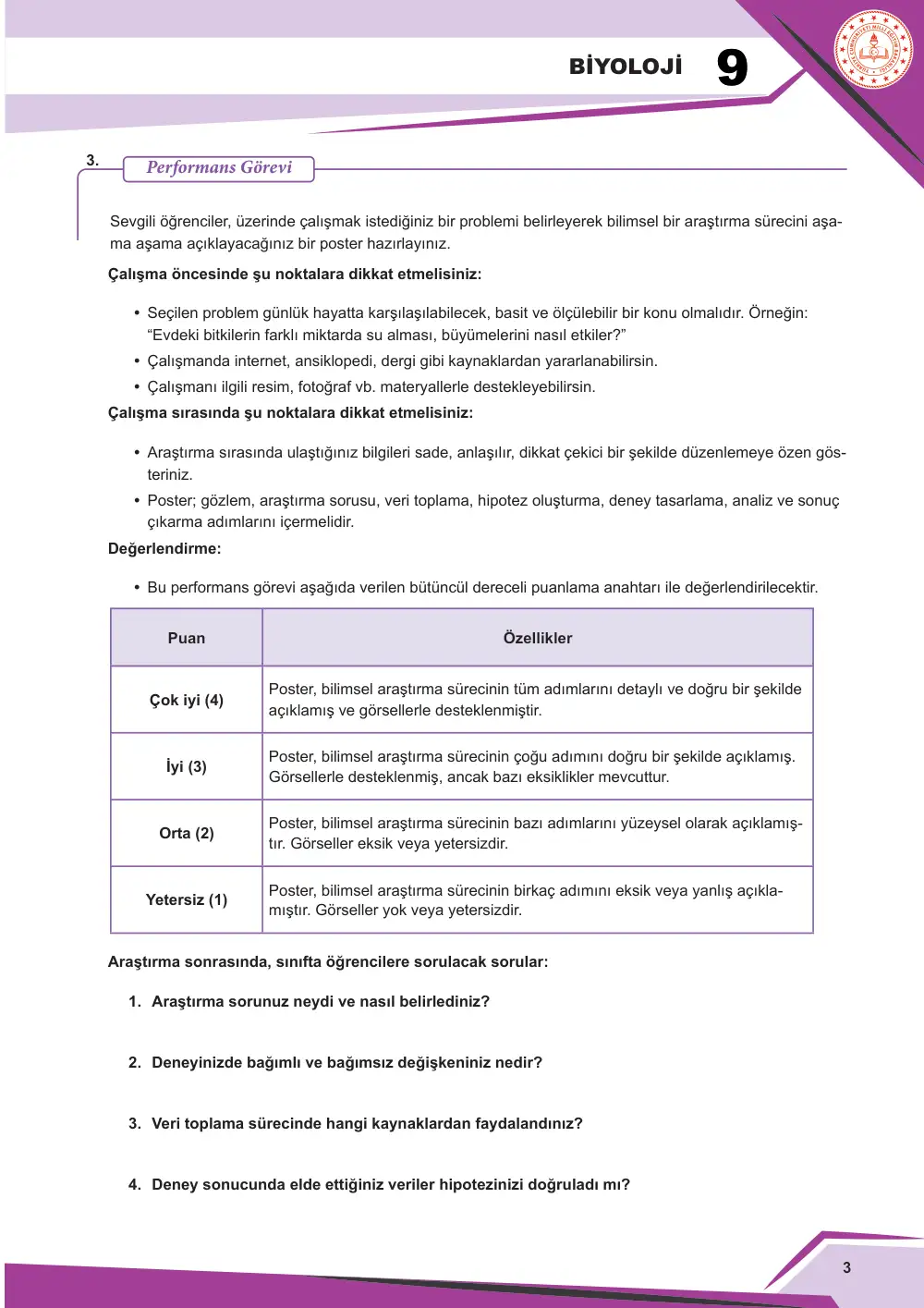 9. Sınıf Biyoloji Çalışma Kâğıdı: BİY.9.1.2 Bilimsel araştırma süreçlerinde bilimin doğasını yorumlayabilme cevap anahtarı sayfa 4