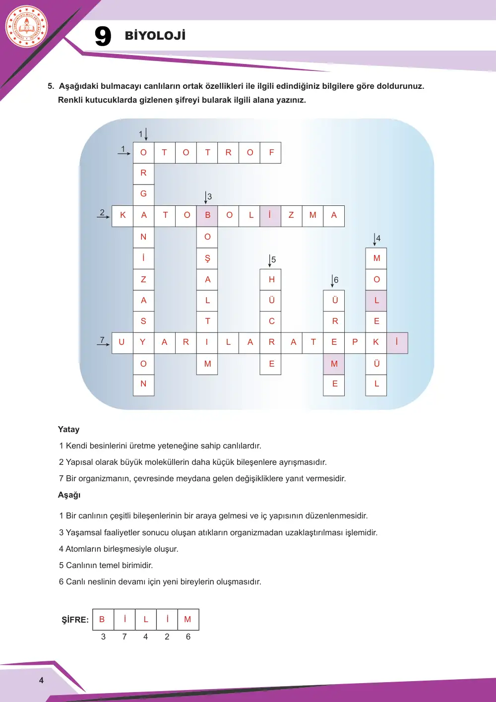 9. Sınıf Biyoloji Çalışma Kâğıdı: BİY.9.1.4 Çevresindeki canlıların özelliklerini bilimsel olarak gözlemleyebilme cevap anahtarı sayfa 5
