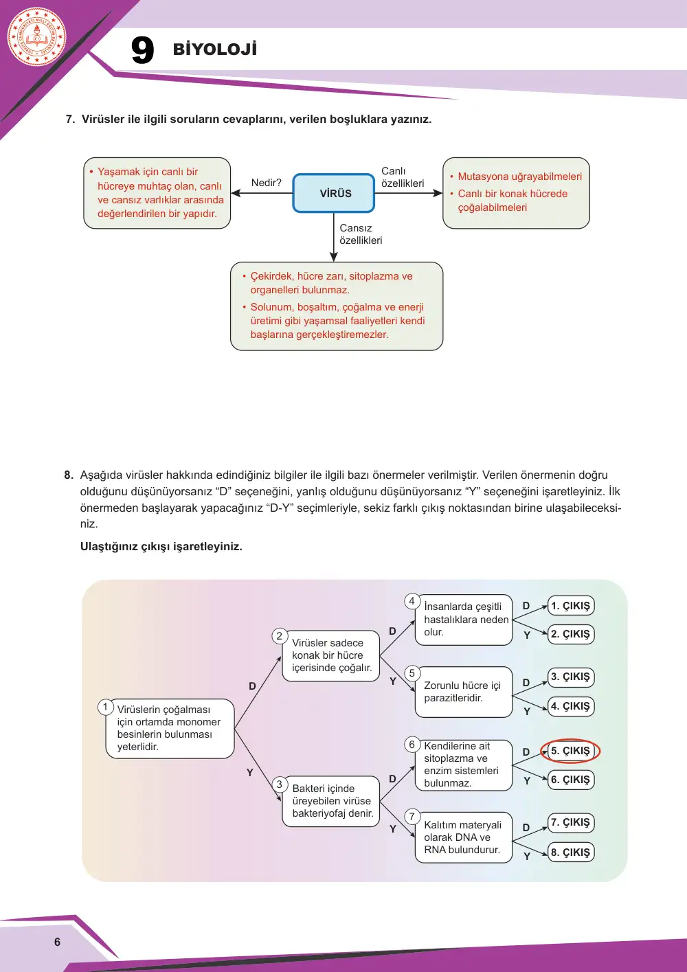 9. Sınıf Biyoloji Çalışma Kâğıdı: BİY.9.1.4 Çevresindeki canlıların özelliklerini bilimsel olarak gözlemleyebilme cevap anahtarı sayfa 7