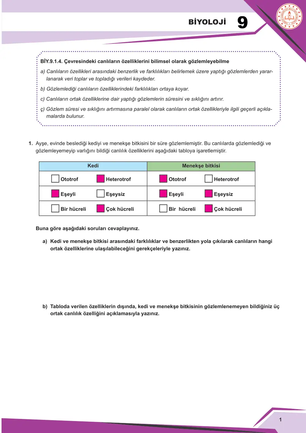 9. Sınıf Biyoloji Çalışma Kâğıdı: BİY.9.1.4 Çevresindeki canlıların özelliklerini bilimsel olarak gözlemleyebilme