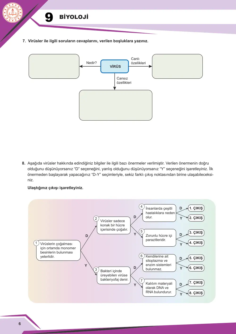 9. Sınıf Biyoloji Çalışma Kâğıdı: BİY.9.1.4 Çevresindeki canlıların özelliklerini bilimsel olarak gözlemleyebilme sayfa 7