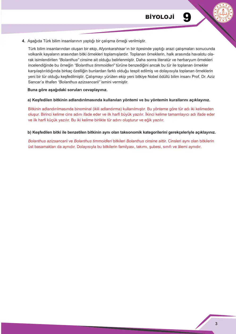 9. Sınıf Biyoloji Çalışma Kâğıdı: BİY.9.1.5 Canlıları sınıflandırabilme cevap anahtarı sayfa 4