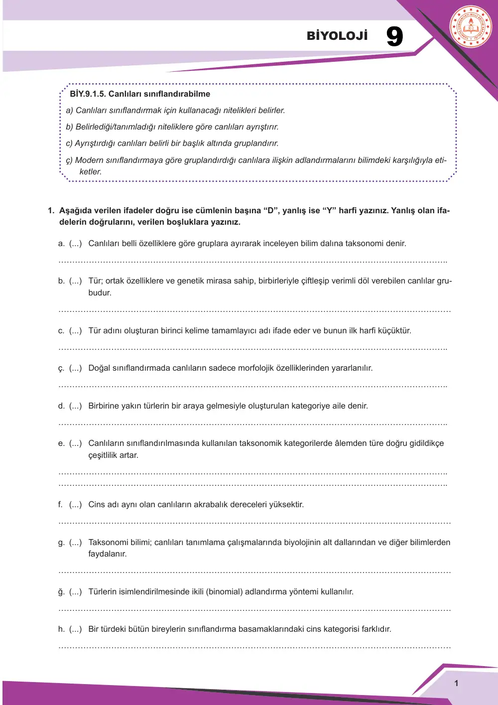 9. Sınıf Biyoloji Çalışma Kâğıdı: BİY.9.1.5 Canlıları sınıflandırabilme