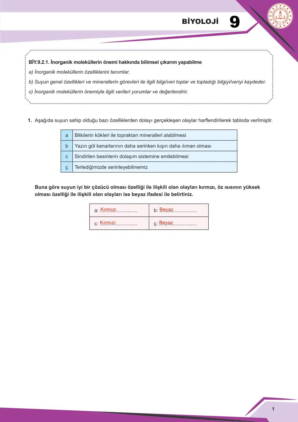 9. Sınıf Biyoloji Çalışma Kâğıdı: BİY.9.2.1 İnorganik moleküllerin önemi hakkında bilimsel çıkarım yapabilme cevap anahtarı sayfa 2