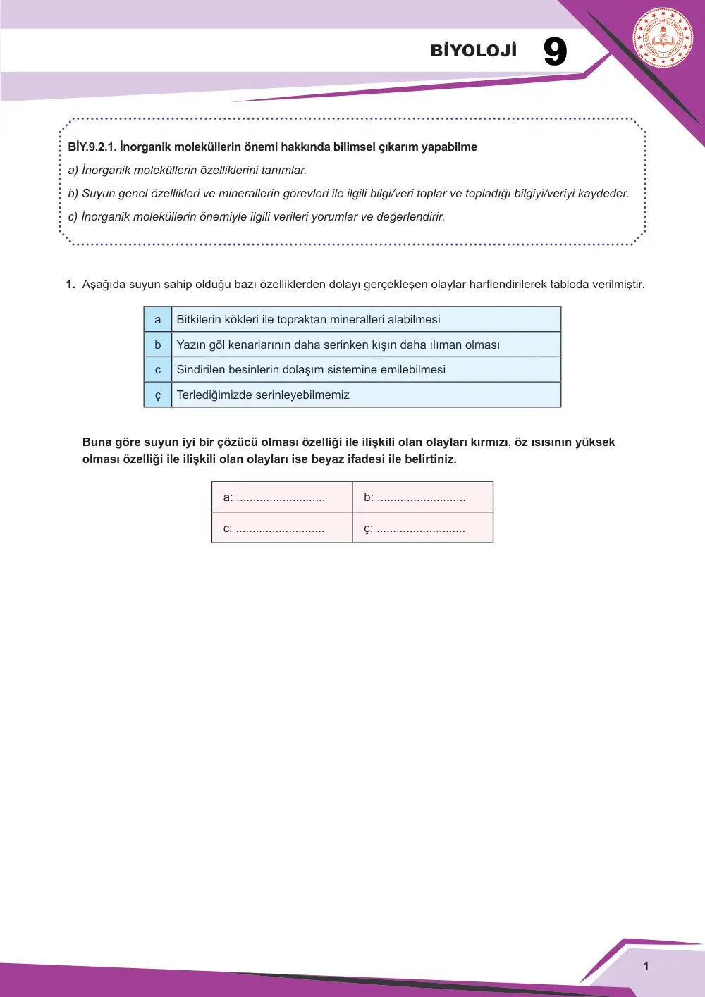 9. Sınıf Biyoloji Çalışma Kâğıdı: BİY.9.2.1 İnorganik moleküllerin önemi hakkında bilimsel çıkarım yapabilme