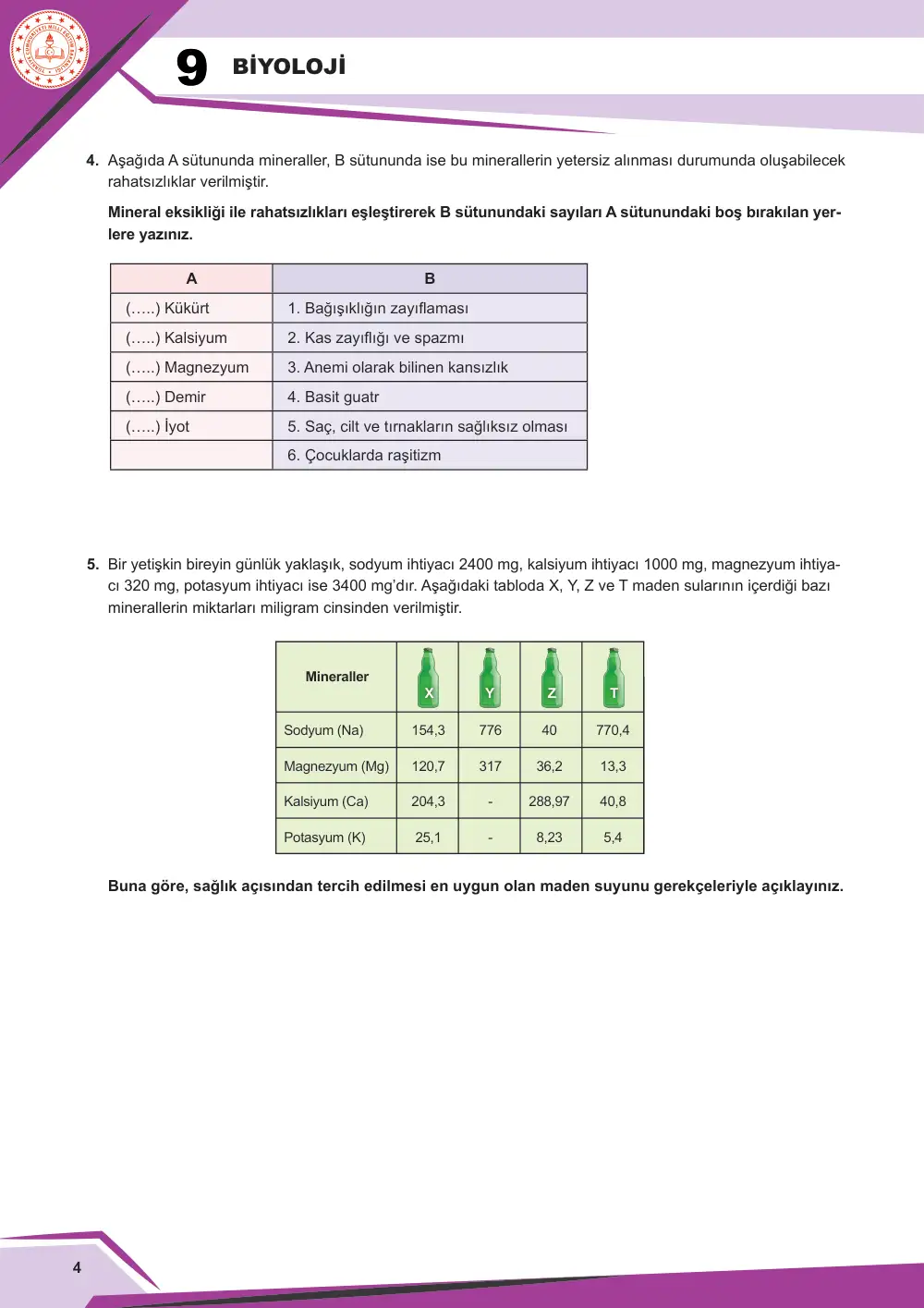 9. Sınıf Biyoloji Çalışma Kâğıdı: BİY.9.2.1 İnorganik moleküllerin önemi hakkında bilimsel çıkarım yapabilme sayfa 5