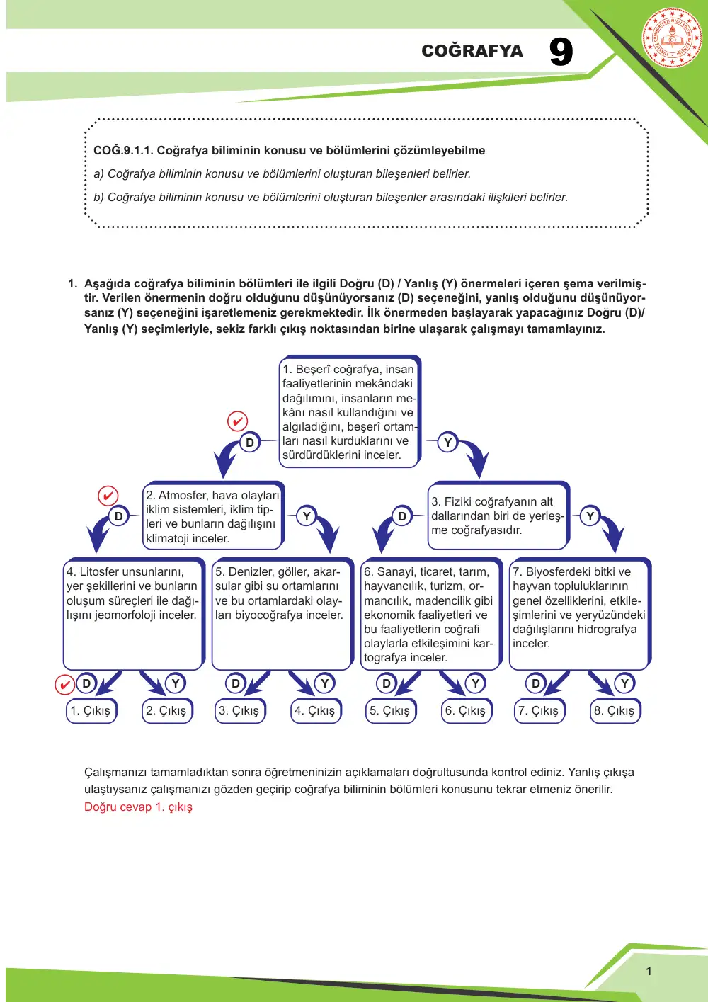 9. Sınıf Coğrafya Çalışma Kâğıdı: COĞ.9.1.1 Coğrafya biliminin konusu ve bölümlerini çözümleyebilme cevap anahtarı sayfa 2