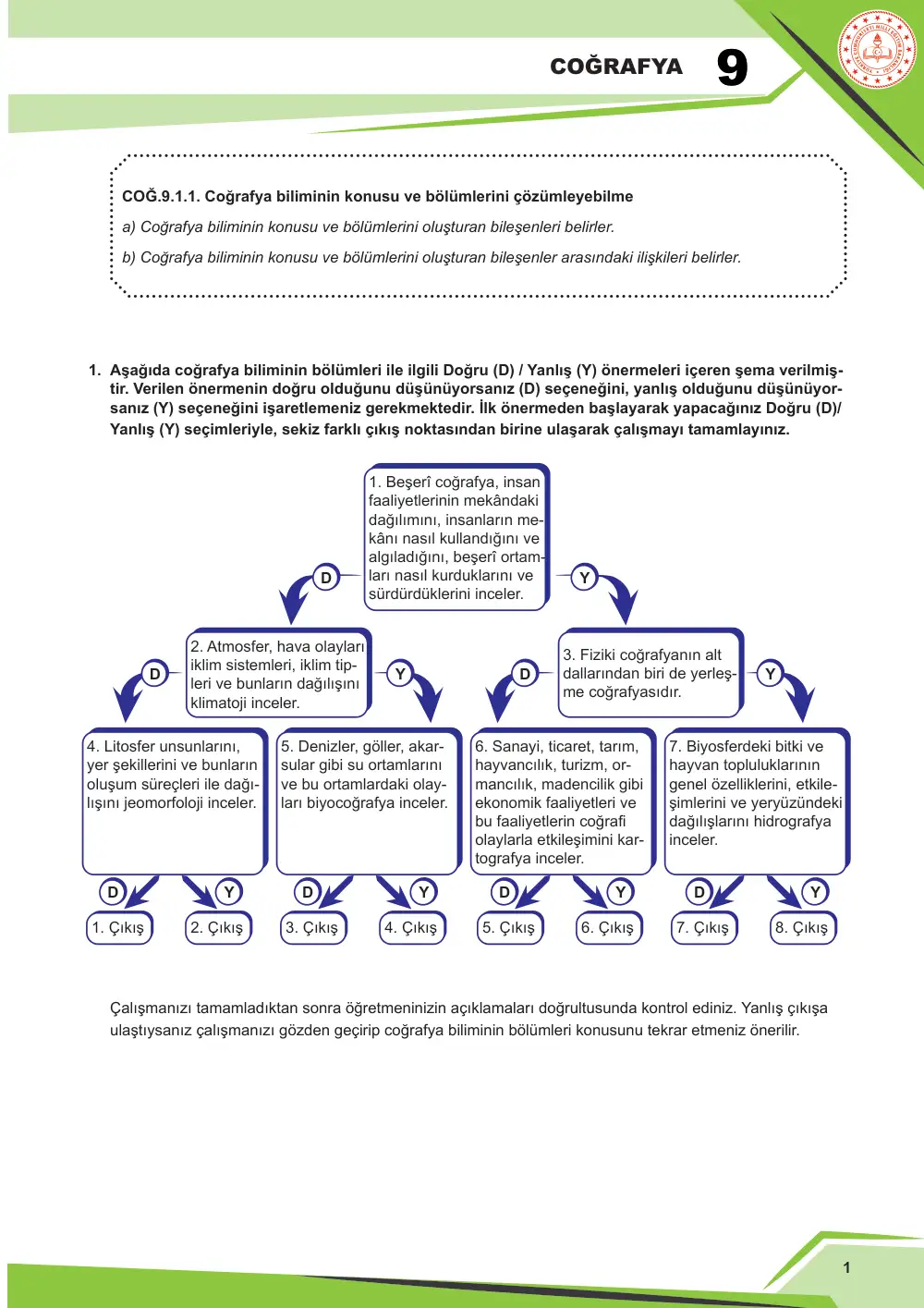 9. Sınıf Coğrafya Çalışma Kâğıdı: COĞ.9.1.1 Coğrafya biliminin konusu ve bölümlerini çözümleyebilme