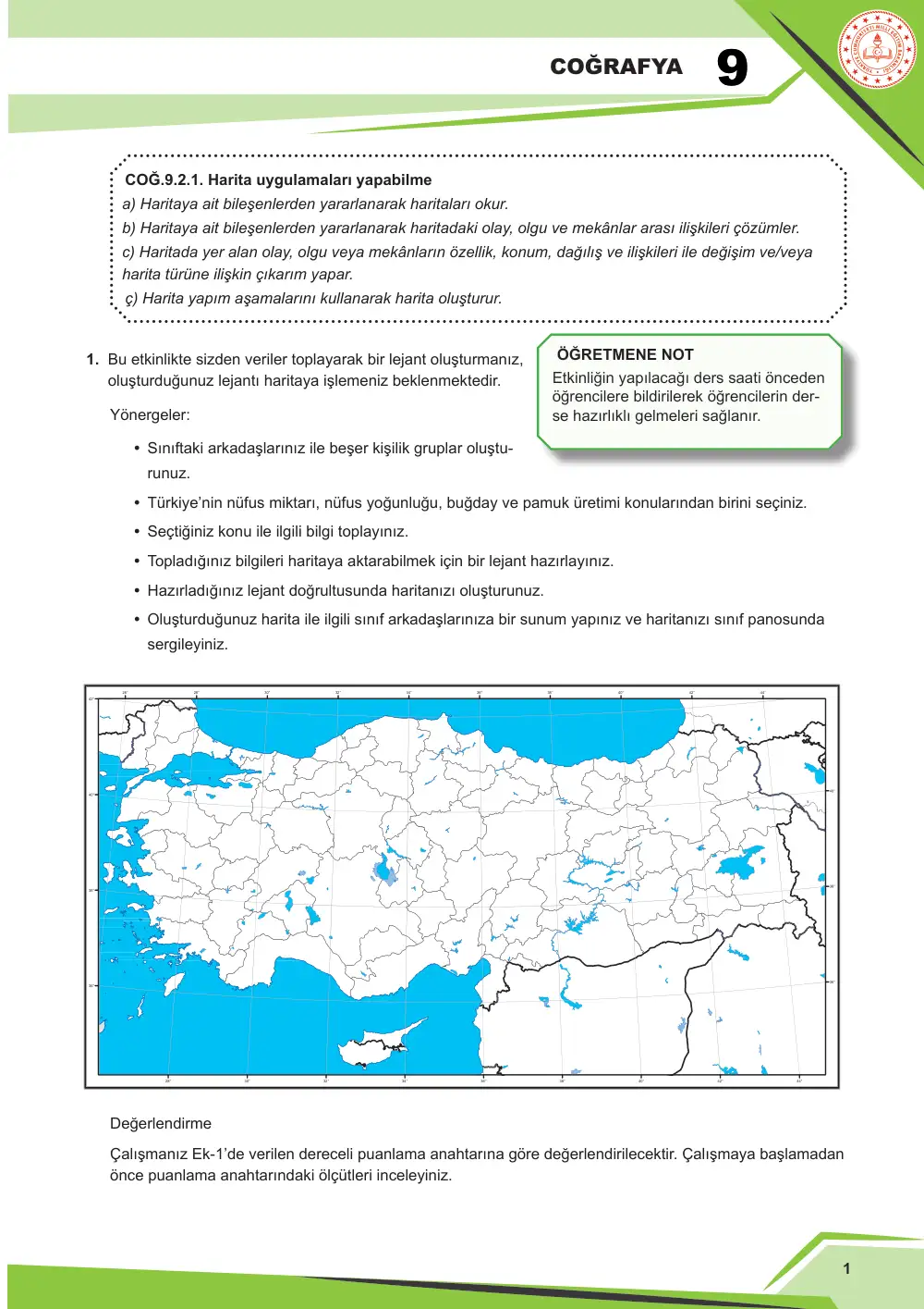 9. Sınıf Coğrafya Çalışma Kâğıdı: COĞ.9.2.1 Harita uygulamaları yapabilme cevap anahtarı sayfa 2