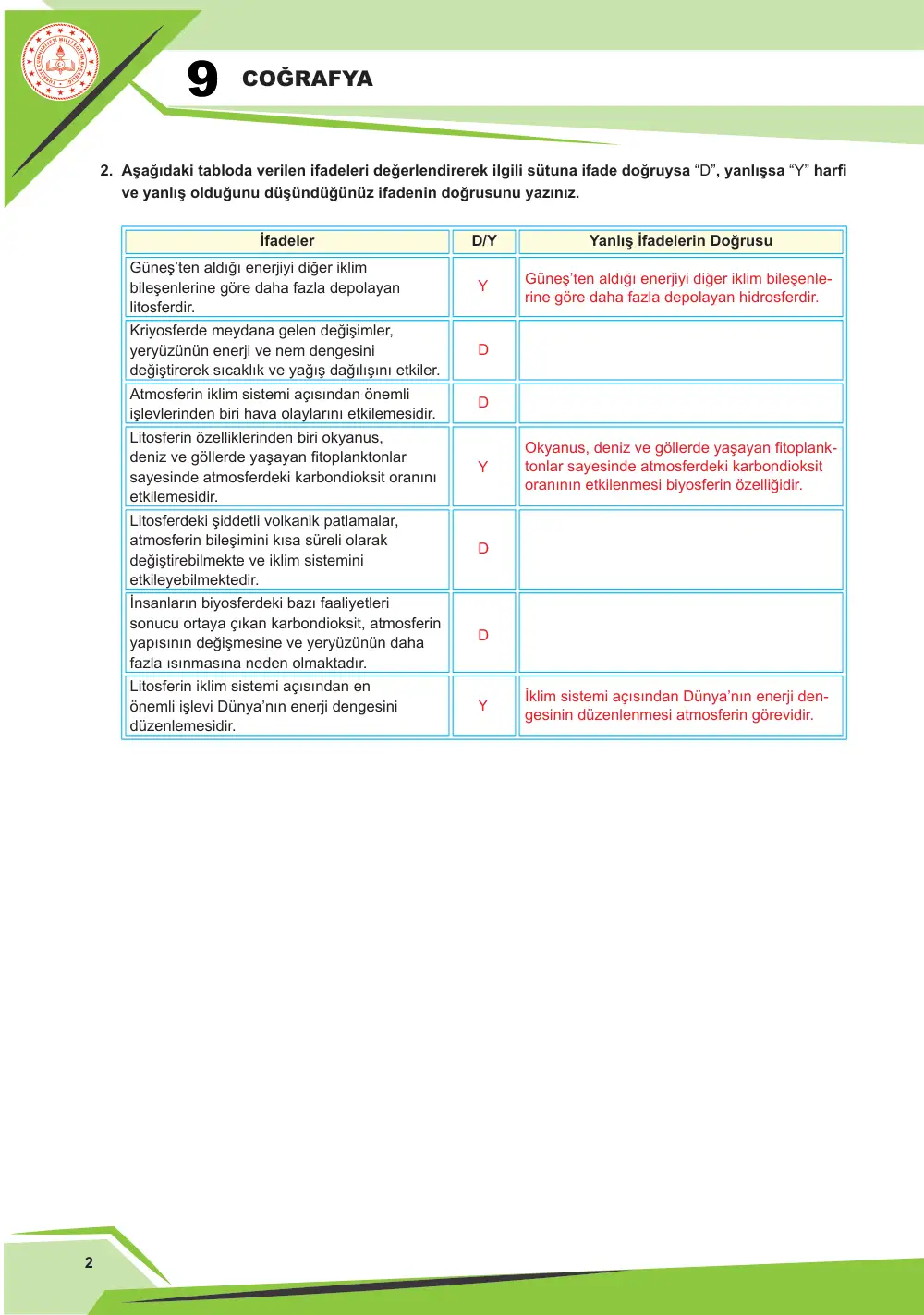 9. Sınıf Coğrafya Çalışma Kâğıdı: COĞ.9.3.2 İklim sisteminin bileşen ve değişkenlerini çözümleyebilme cevap anahtarı sayfa 3