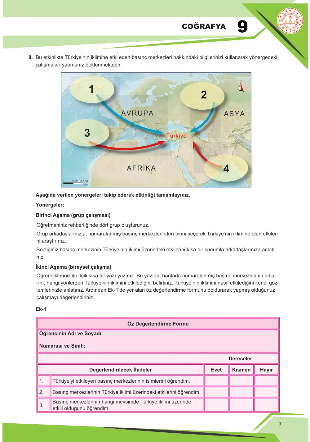 9. Sınıf Coğrafya Çalışma Kâğıdı: COĞ.9.3.2 İklim sisteminin bileşen ve değişkenlerini çözümleyebilme cevap anahtarı sayfa 8