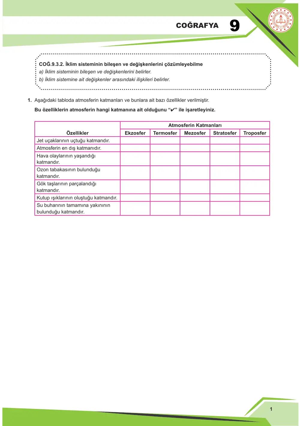 9. Sınıf Coğrafya Çalışma Kâğıdı: COĞ.9.3.2 İklim sisteminin bileşen ve değişkenlerini çözümleyebilme