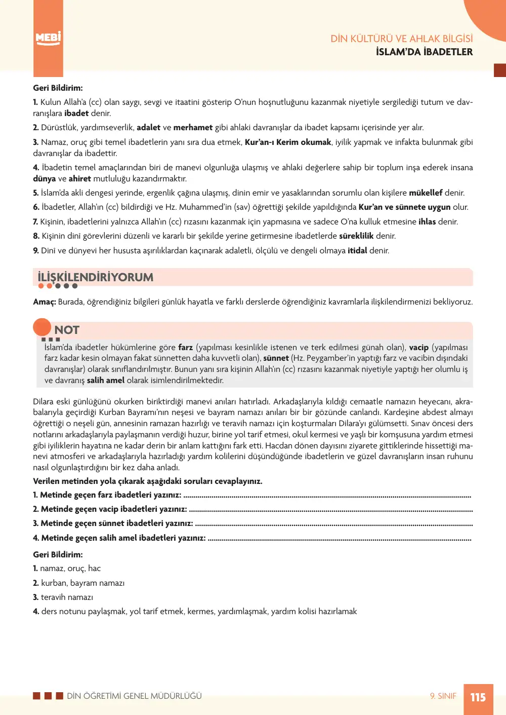 9. Sınıf Din Kültürü ve Ahlak Bilgisi Bireysel Öğrenme Etkinlikleri (2026-2027) sayfa 113