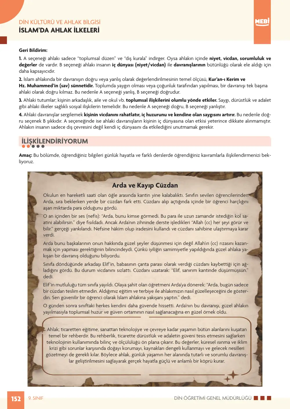 9. Sınıf Din Kültürü ve Ahlak Bilgisi Bireysel Öğrenme Etkinlikleri (2026-2027) sayfa 150