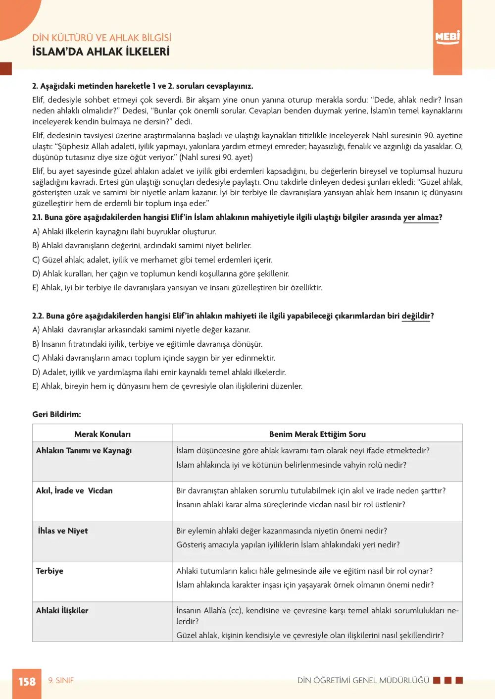 9. Sınıf Din Kültürü ve Ahlak Bilgisi Bireysel Öğrenme Etkinlikleri (2026-2027) sayfa 156