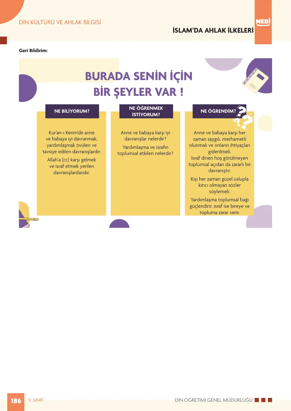 9. Sınıf Din Kültürü ve Ahlak Bilgisi Bireysel Öğrenme Etkinlikleri (2026-2027) sayfa 184