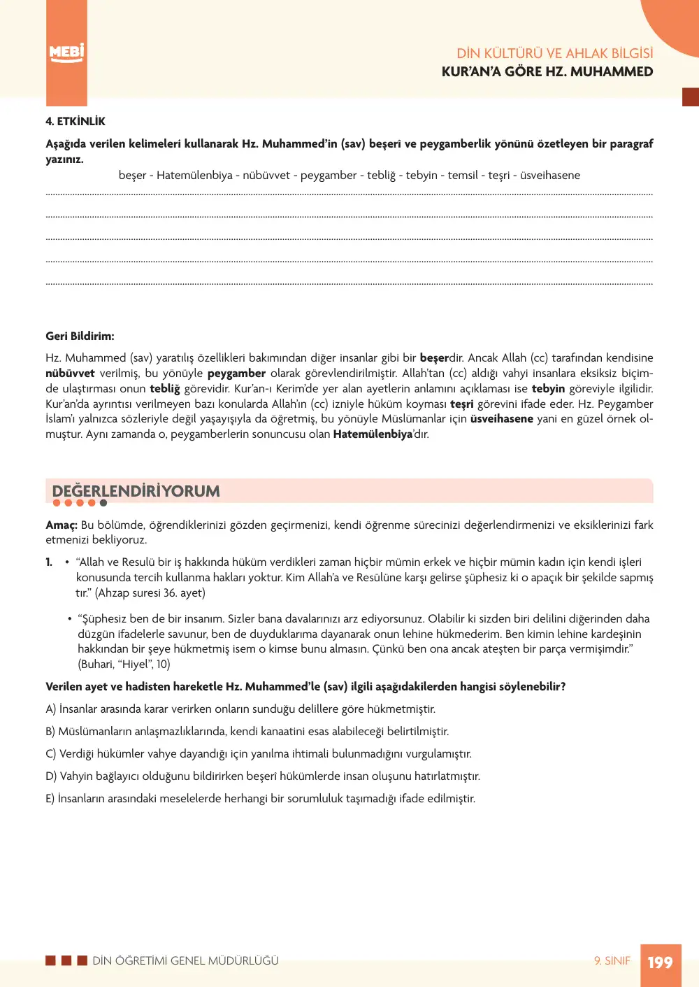 9. Sınıf Din Kültürü ve Ahlak Bilgisi Bireysel Öğrenme Etkinlikleri (2026-2027) sayfa 197
