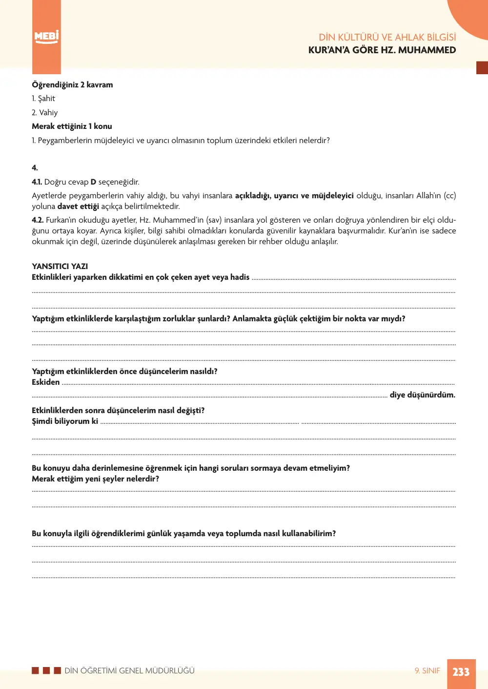 9. Sınıf Din Kültürü ve Ahlak Bilgisi Bireysel Öğrenme Etkinlikleri (2026-2027) sayfa 231