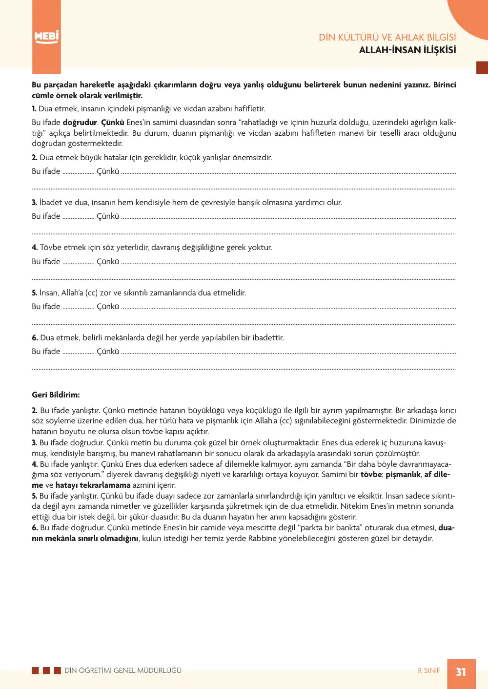 9. Sınıf Din Kültürü ve Ahlak Bilgisi Bireysel Öğrenme Etkinlikleri (2026-2027) sayfa 29