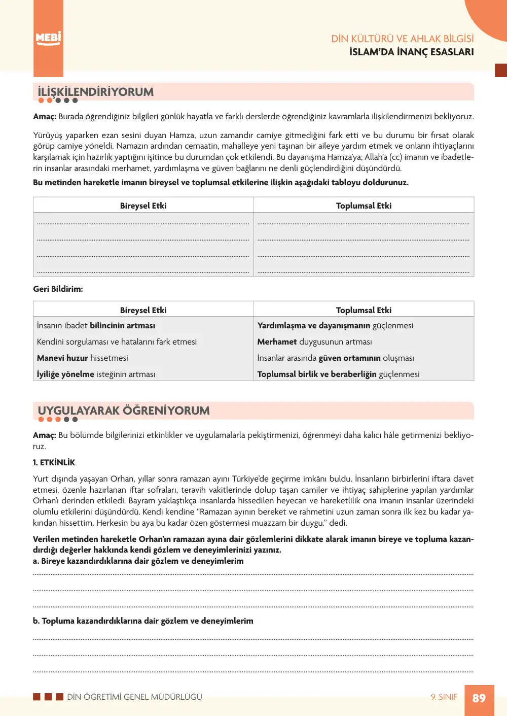 9. Sınıf Din Kültürü ve Ahlak Bilgisi Bireysel Öğrenme Etkinlikleri (2026-2027) sayfa 87