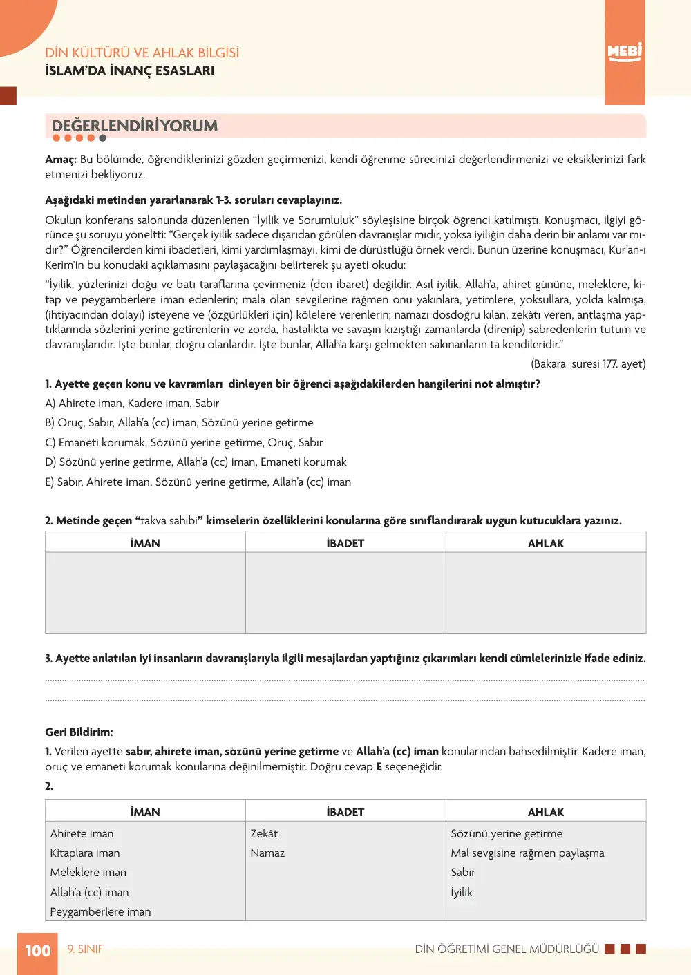 9. Sınıf Din Kültürü ve Ahlak Bilgisi Bireysel Öğrenme Etkinlikleri (2026-2027) sayfa 98