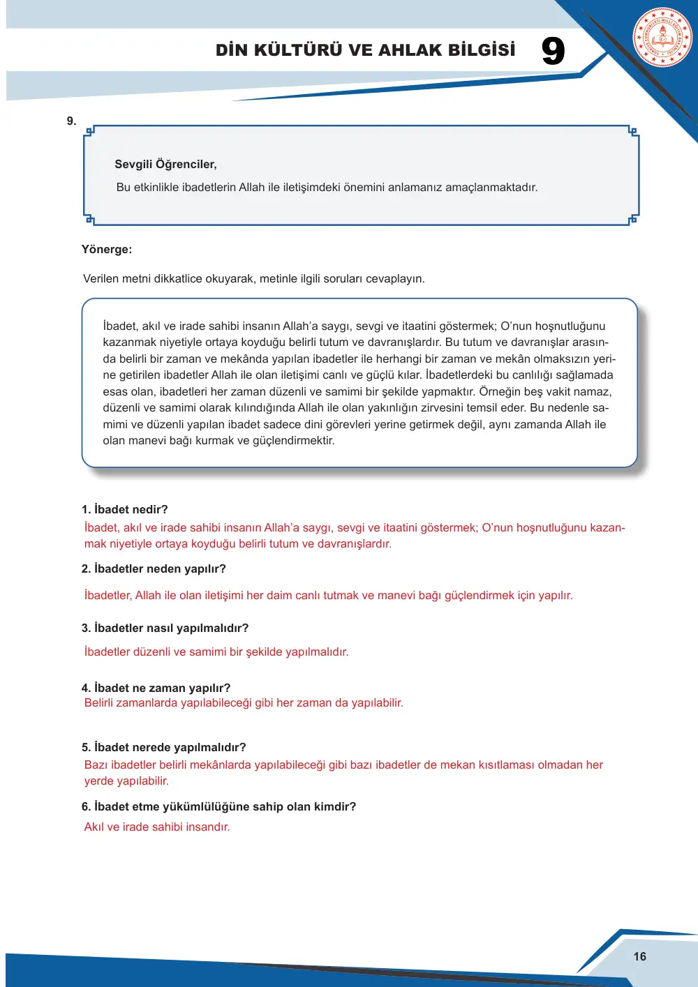 9. Sınıf Din Kültürü ve Ahlak Bilgisi Çalışma Kâğıdı: DKAB.9.1.3 Allah (cc) ile iletişimin ibadet ve dua ile sağlandığını yansıtabilme cevap anahtarı sayfa 17