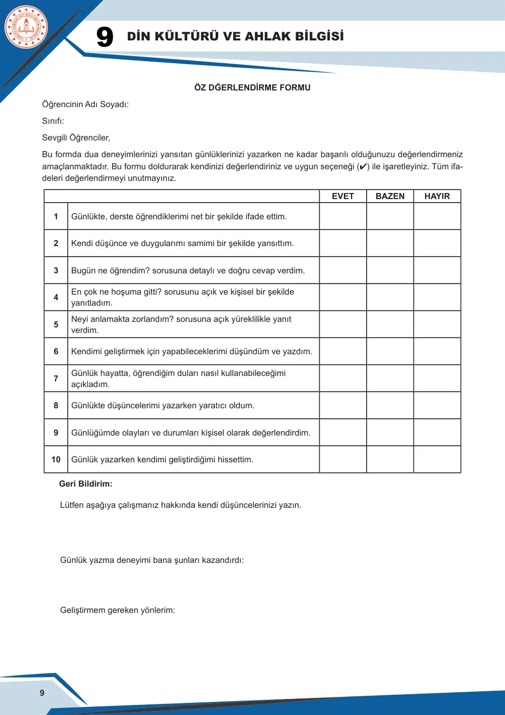 9. Sınıf Din Kültürü ve Ahlak Bilgisi Çalışma Kâğıdı: DKAB.9.1.3 Allah (cc) ile iletişimin ibadet ve dua ile sağlandığını yansıtabilme sayfa 10