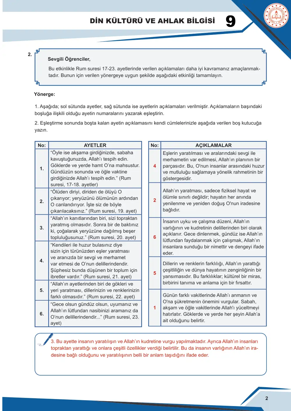 9. Sınıf Din Kültürü ve Ahlak Bilgisi Çalışma Kâğıdı: DKAB.9.1.4 Rum suresi 17-27. ayetlerin mesajlarını özetleyebilme cevap anahtarı sayfa 3