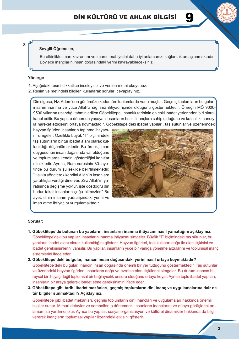 9. Sınıf Din Kültürü ve Ahlak Bilgisi Çalışma Kâğıdı: DKAB.9.2.1 İman ve imanın mahiyetiyle ilgili konuları sorgulayabilme cevap anahtarı sayfa 3
