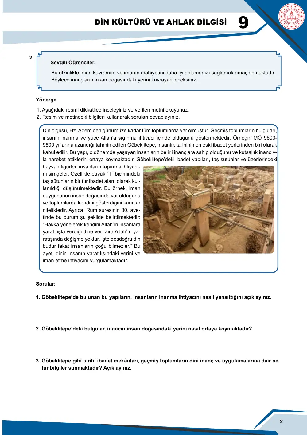 9. Sınıf Din Kültürü ve Ahlak Bilgisi Çalışma Kâğıdı: DKAB.9.2.1 İman ve imanın mahiyetiyle ilgili konuları sorgulayabilme sayfa 3