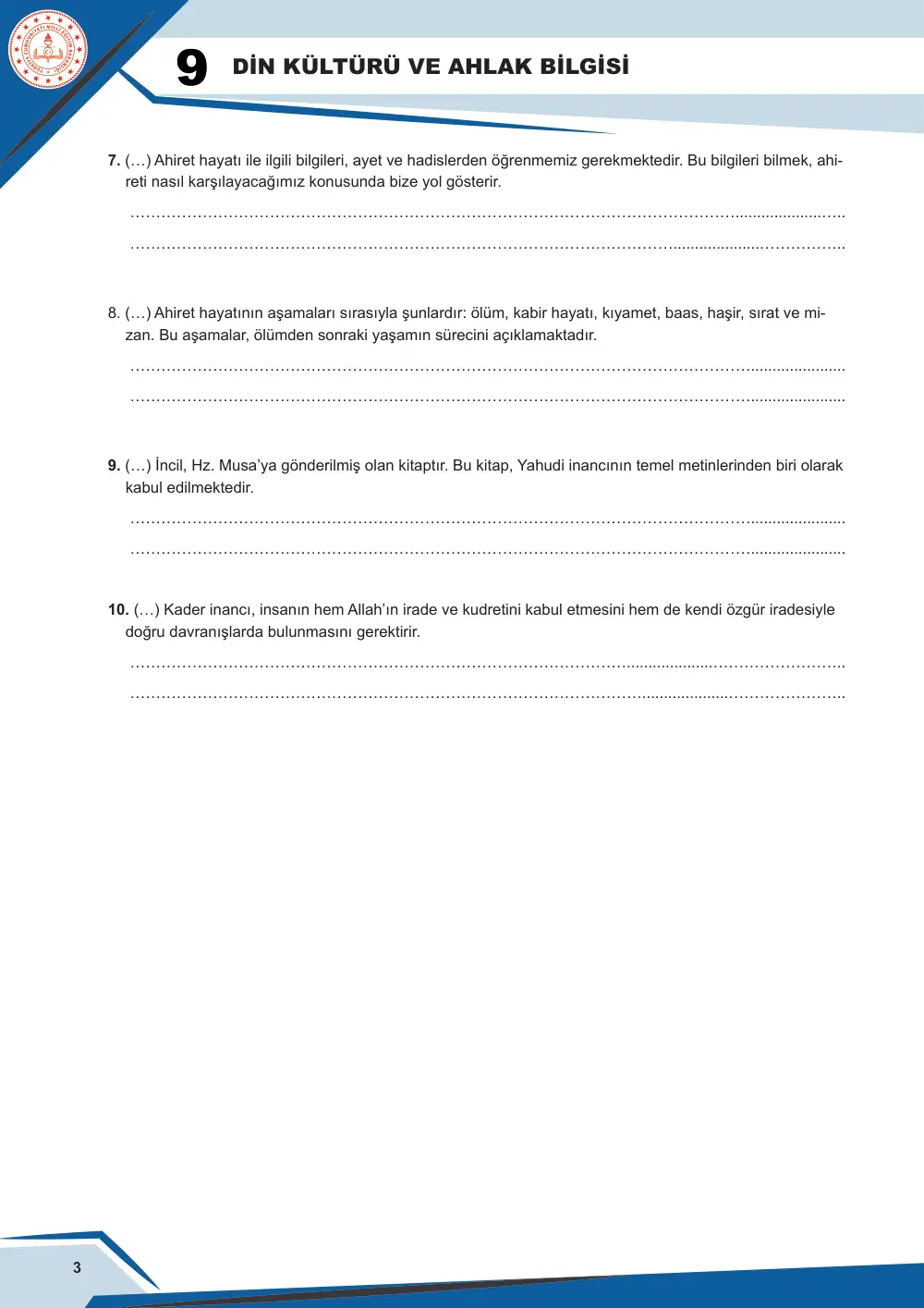 9. Sınıf Din Kültürü ve Ahlak Bilgisi Çalışma Kâğıdı: DKAB.9.2.2 İslam'ın iman esaslarını ayet ve hadisler bağlamında özetleyebilme sayfa 4