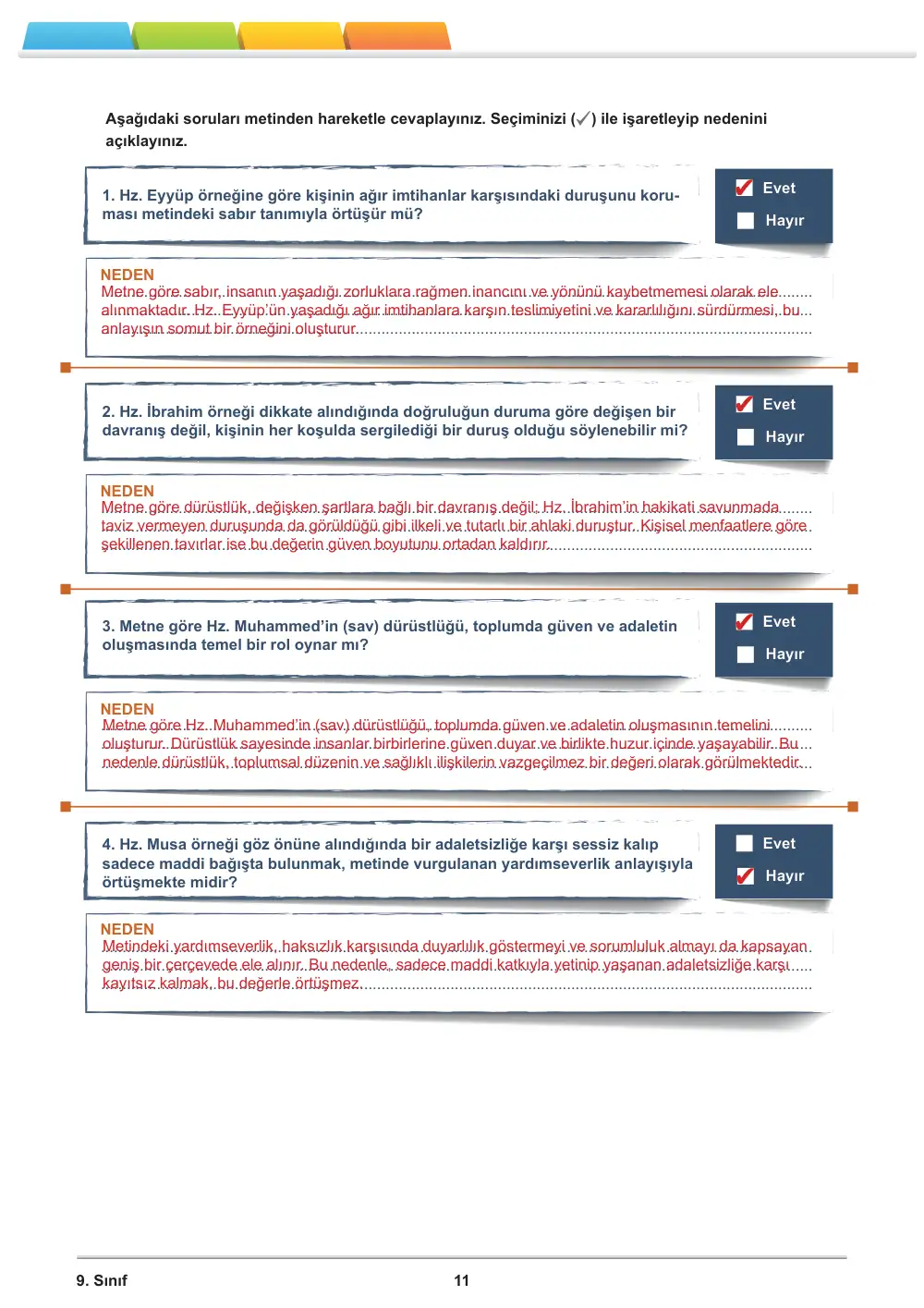 9. Sınıf Din Kültürü ve Ahlak Bilgisi Öğrenme Etkinlikleri Seti 2 (2025-2026) cevap anahtarı sayfa 12