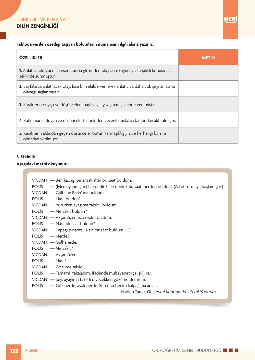 9. Sınıf Türk Dili ve Edebiyatı Bireysel Öğrenme Etkinlikleri (2026-2027) sayfa 120