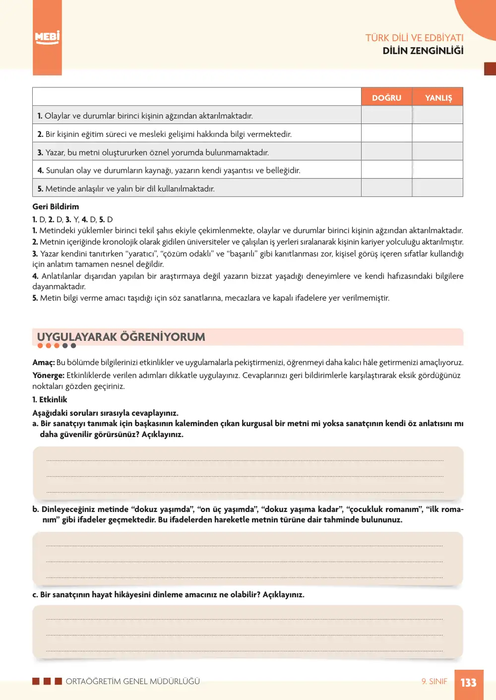 9. Sınıf Türk Dili ve Edebiyatı Bireysel Öğrenme Etkinlikleri (2026-2027) sayfa 131