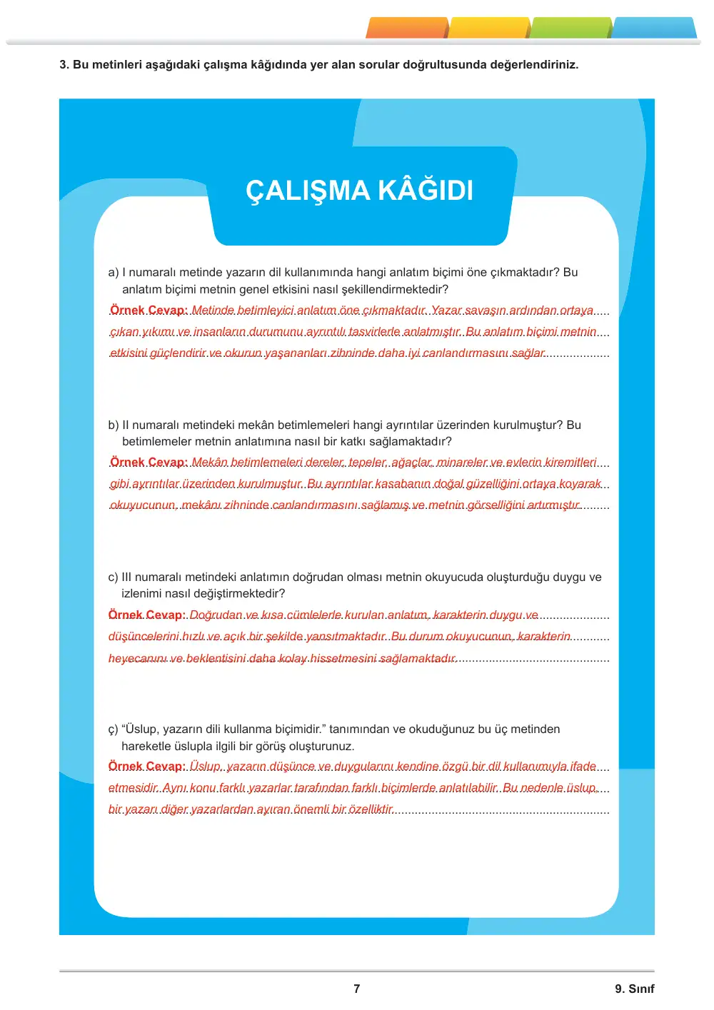 9. Sınıf Türk Dili ve Edebiyatı Öğrenme Etkinlikleri Seti 2 (2025-2026) cevap anahtarı sayfa 8