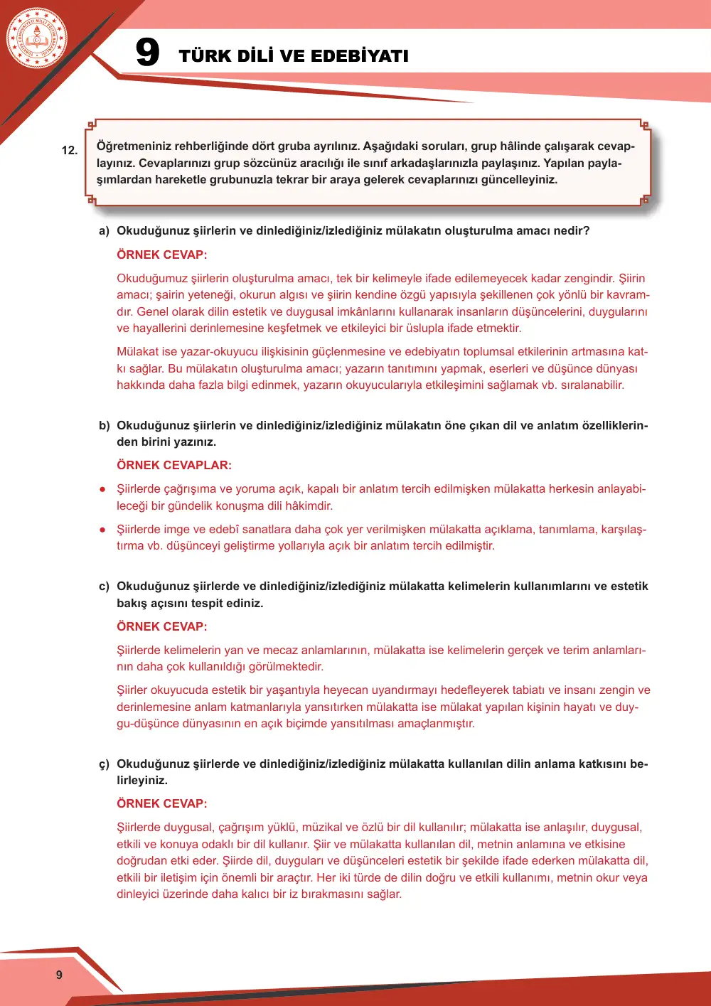9. Sınıf Türk Dili ve Edebiyatı Çalışma Kâğıdı: 1. Tema: Sözün İnceliği – Dinleme/İzleme cevap anahtarı sayfa 10