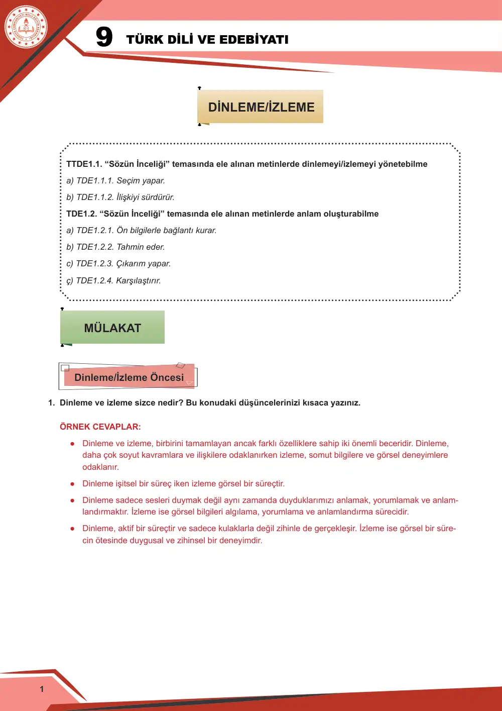 9. Sınıf Türk Dili ve Edebiyatı Çalışma Kâğıdı: 1. Tema: Sözün İnceliği – Dinleme/İzleme cevap anahtarı sayfa 2