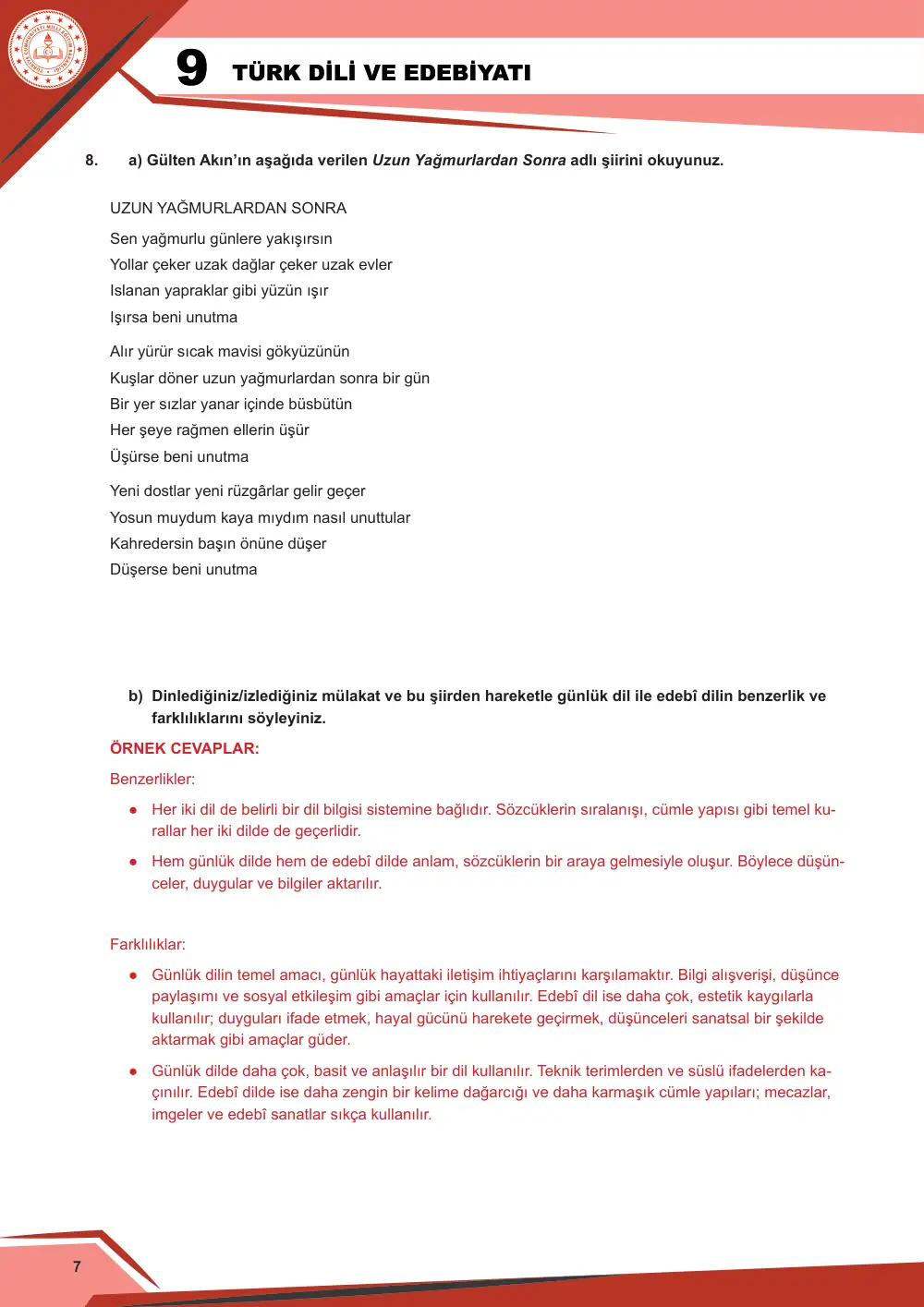 9. Sınıf Türk Dili ve Edebiyatı Çalışma Kâğıdı: 1. Tema: Sözün İnceliği – Dinleme/İzleme cevap anahtarı sayfa 8
