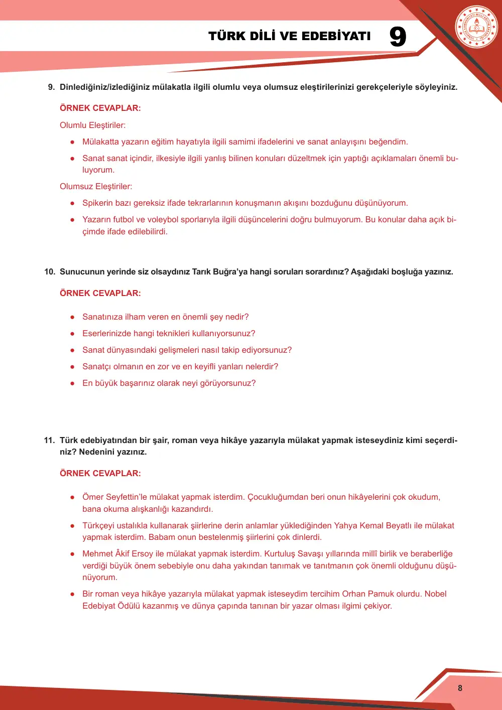9. Sınıf Türk Dili ve Edebiyatı Çalışma Kâğıdı: 1. Tema: Sözün İnceliği – Dinleme/İzleme cevap anahtarı sayfa 9