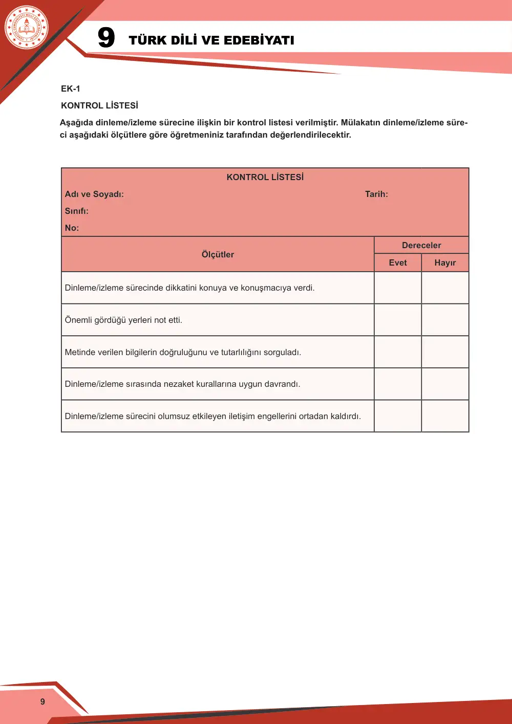 9. Sınıf Türk Dili ve Edebiyatı Çalışma Kâğıdı: 1. Tema: Sözün İnceliği – Dinleme/İzleme sayfa 10