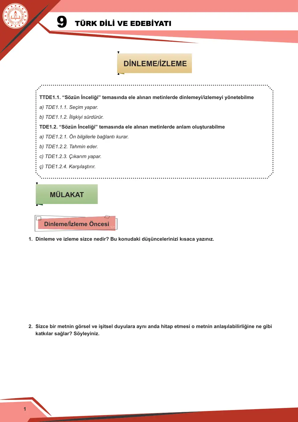 9. Sınıf Türk Dili ve Edebiyatı Çalışma Kâğıdı: 1. Tema: Sözün İnceliği – Dinleme/İzleme