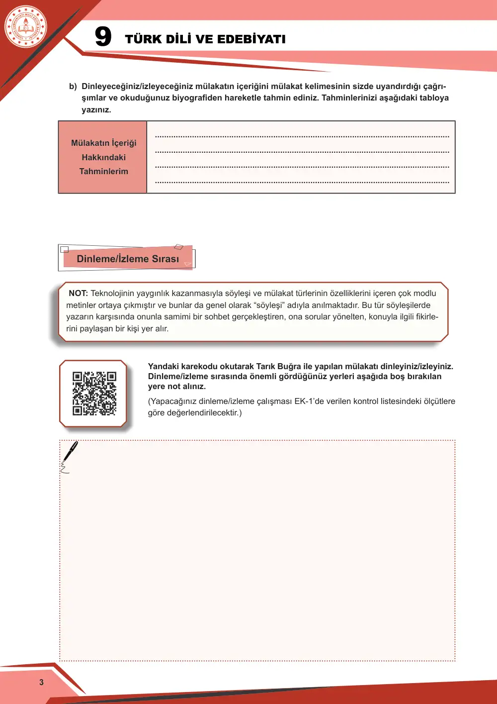 9. Sınıf Türk Dili ve Edebiyatı Çalışma Kâğıdı: 1. Tema: Sözün İnceliği – Dinleme/İzleme sayfa 4