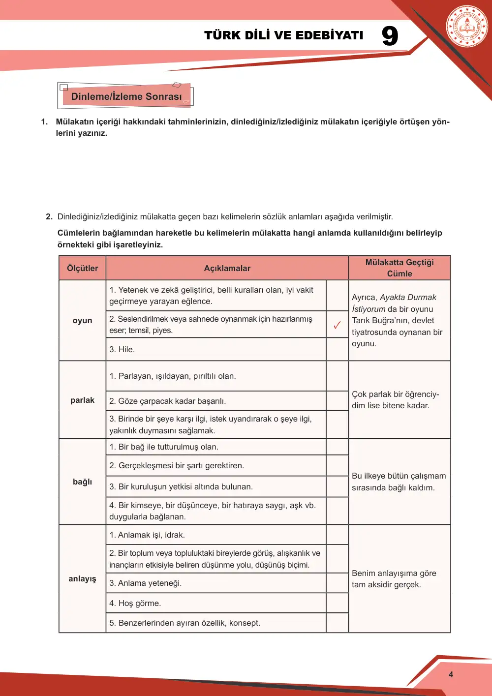 9. Sınıf Türk Dili ve Edebiyatı Çalışma Kâğıdı: 1. Tema: Sözün İnceliği – Dinleme/İzleme sayfa 5