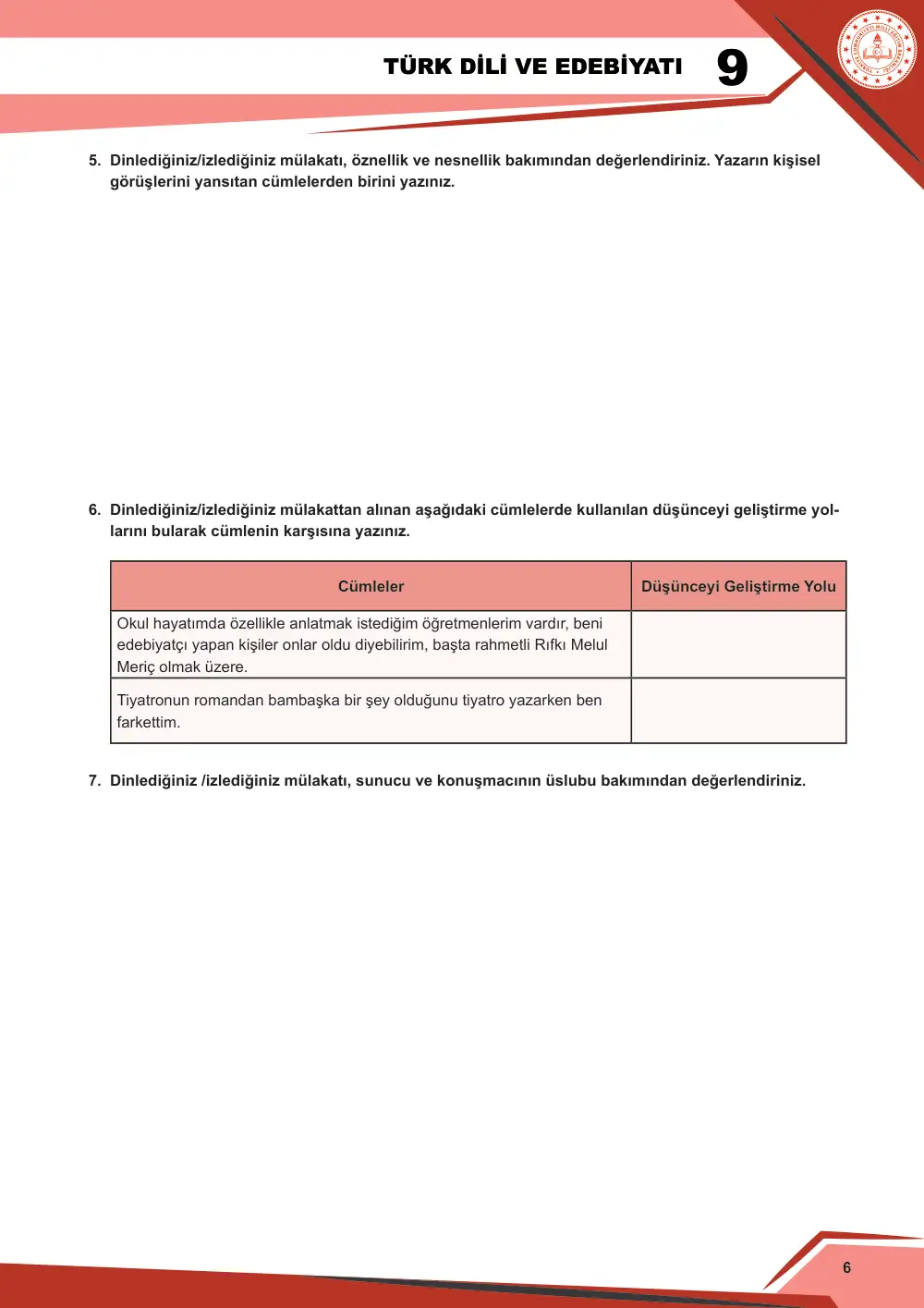 9. Sınıf Türk Dili ve Edebiyatı Çalışma Kâğıdı: 1. Tema: Sözün İnceliği – Dinleme/İzleme sayfa 7