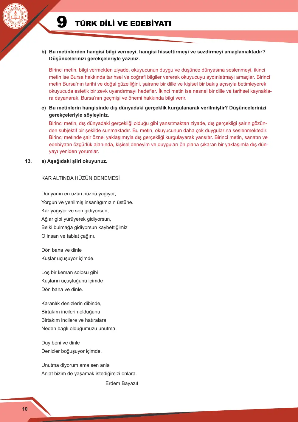 9. Sınıf Türk Dili ve Edebiyatı Çalışma Kâğıdı: 1. Tema: Sözün İnceliği – Okuma cevap anahtarı sayfa 10