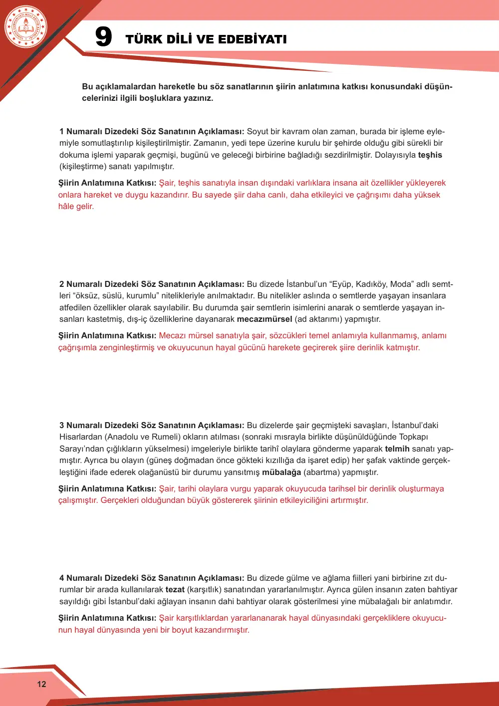9. Sınıf Türk Dili ve Edebiyatı Çalışma Kâğıdı: 1. Tema: Sözün İnceliği – Okuma cevap anahtarı sayfa 12
