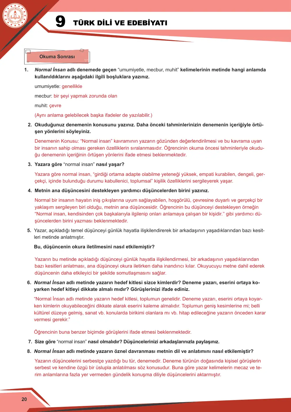 9. Sınıf Türk Dili ve Edebiyatı Çalışma Kâğıdı: 1. Tema: Sözün İnceliği – Okuma cevap anahtarı sayfa 20