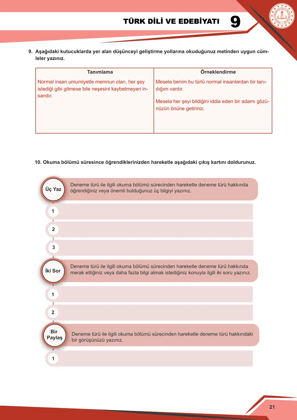 9. Sınıf Türk Dili ve Edebiyatı Çalışma Kâğıdı: 1. Tema: Sözün İnceliği – Okuma cevap anahtarı sayfa 21