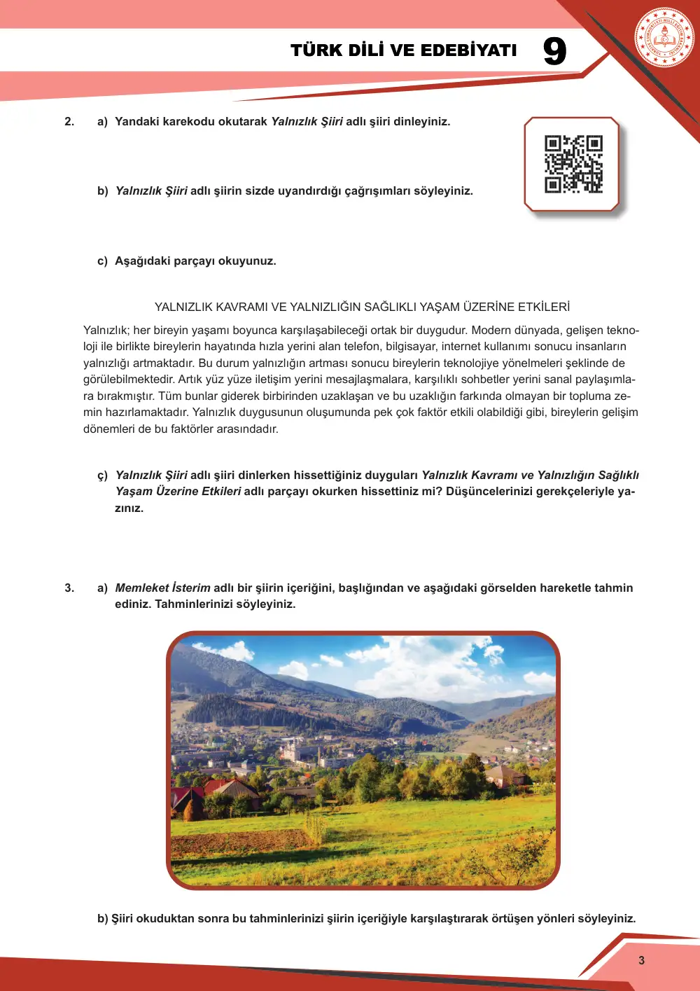 9. Sınıf Türk Dili ve Edebiyatı Çalışma Kâğıdı: 1. Tema: Sözün İnceliği – Okuma cevap anahtarı sayfa 3
