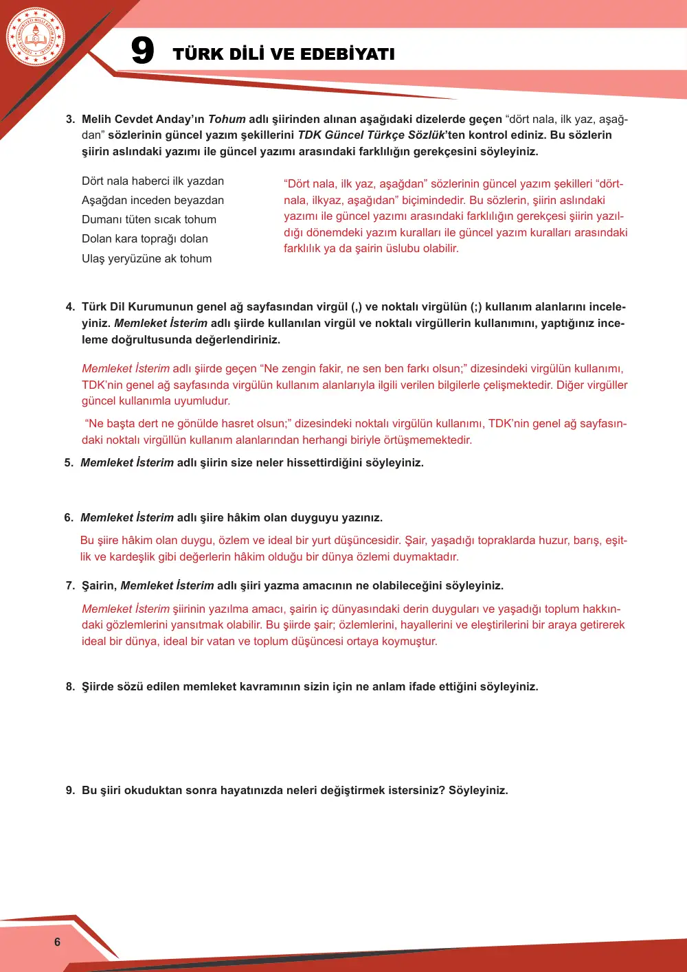 9. Sınıf Türk Dili ve Edebiyatı Çalışma Kâğıdı: 1. Tema: Sözün İnceliği – Okuma cevap anahtarı sayfa 6